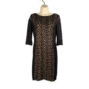 Anne Klein Dress Womens 4 Black with Nude Underlay Lace Front Sheer Half Sleeves